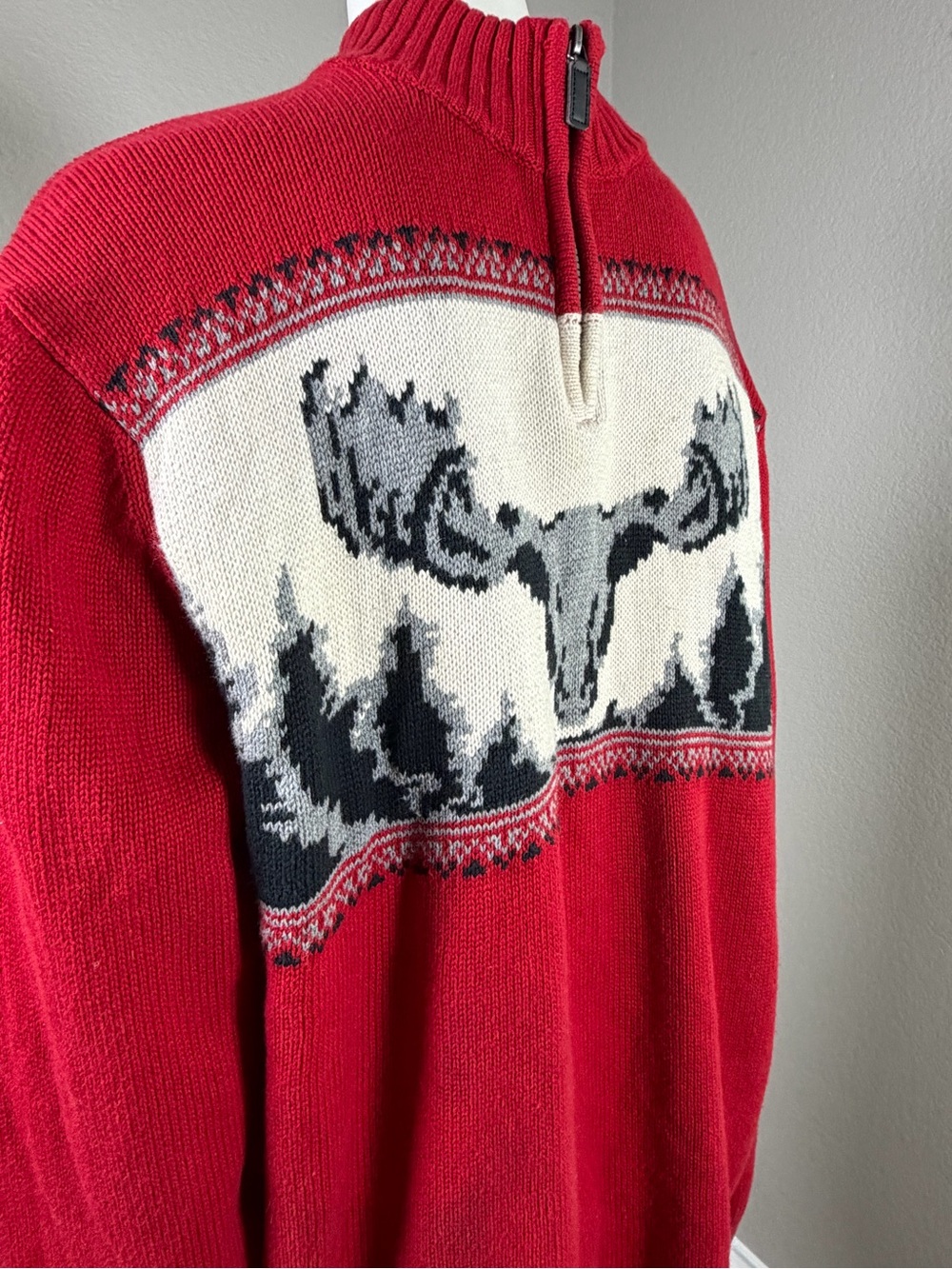 CHAPS Mens Fair Isle Moose Quarter Zip Sweater Red Nordic Ski Lodge Large - Picture 4 of 7